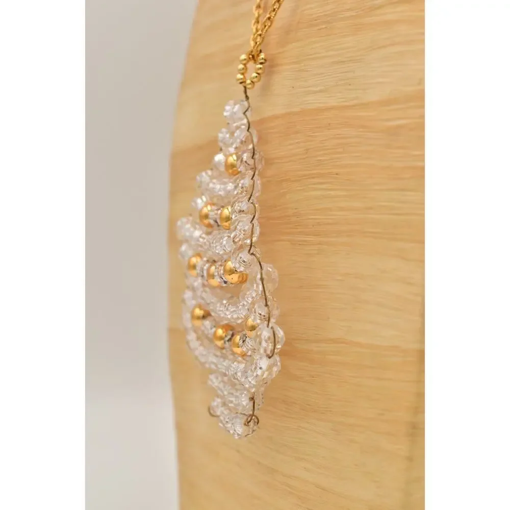 Vintage Beaded Christmas Tree Pendant Necklace Lucite Beaded Clear 1990s BinBD